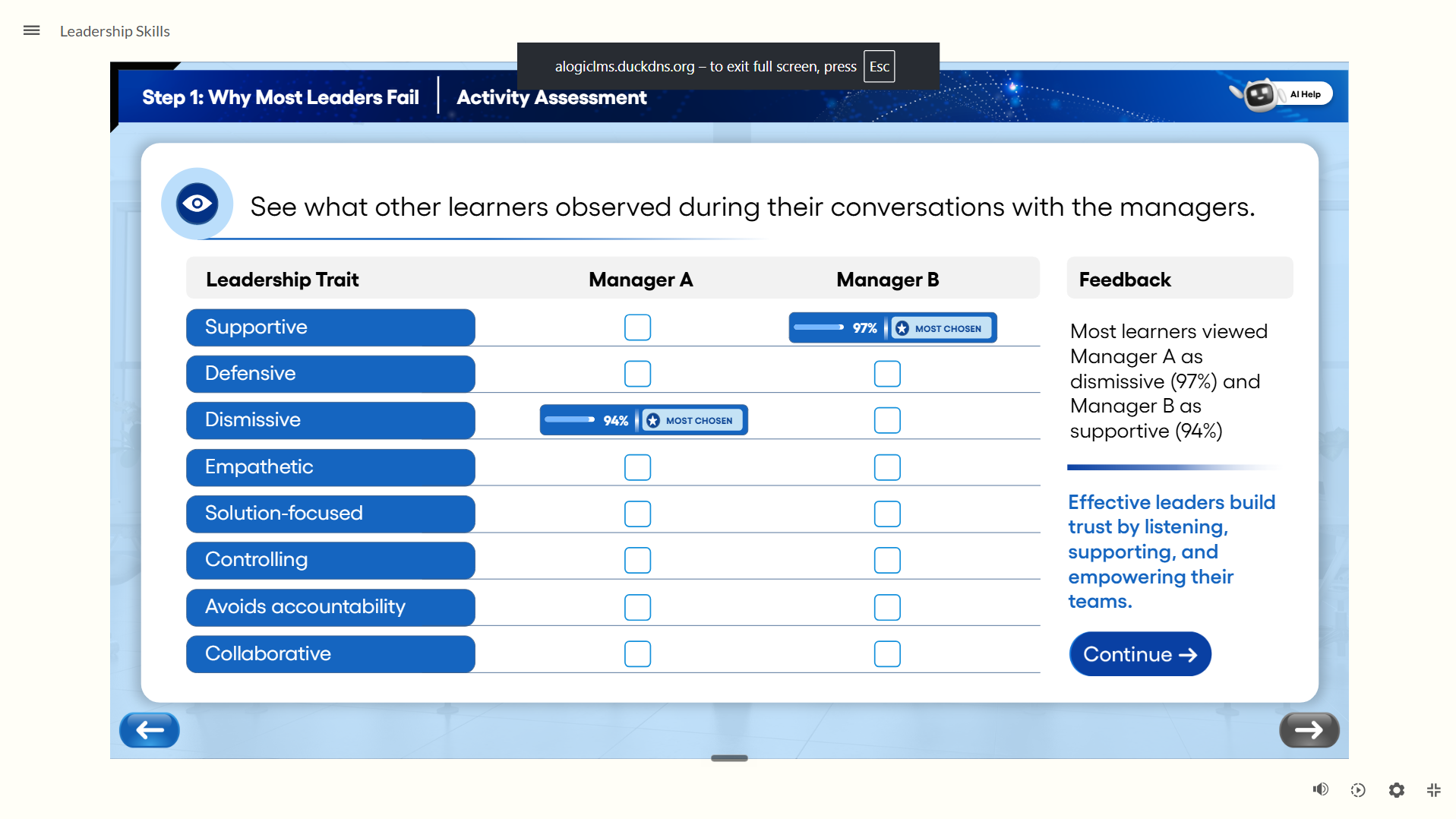 Behaviour feedback screen