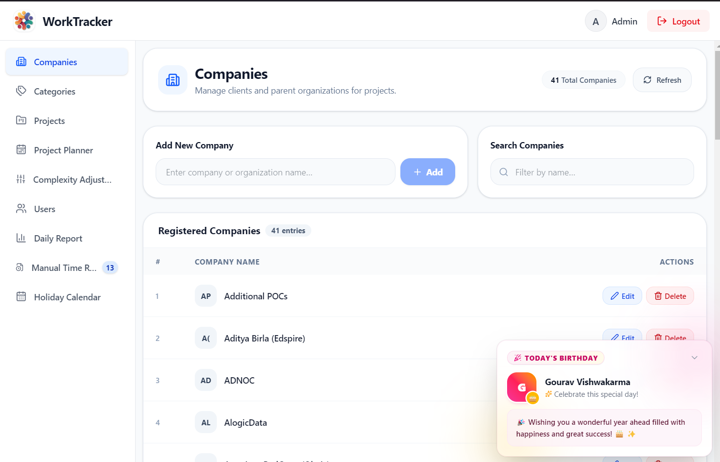 Worktracker screen 1